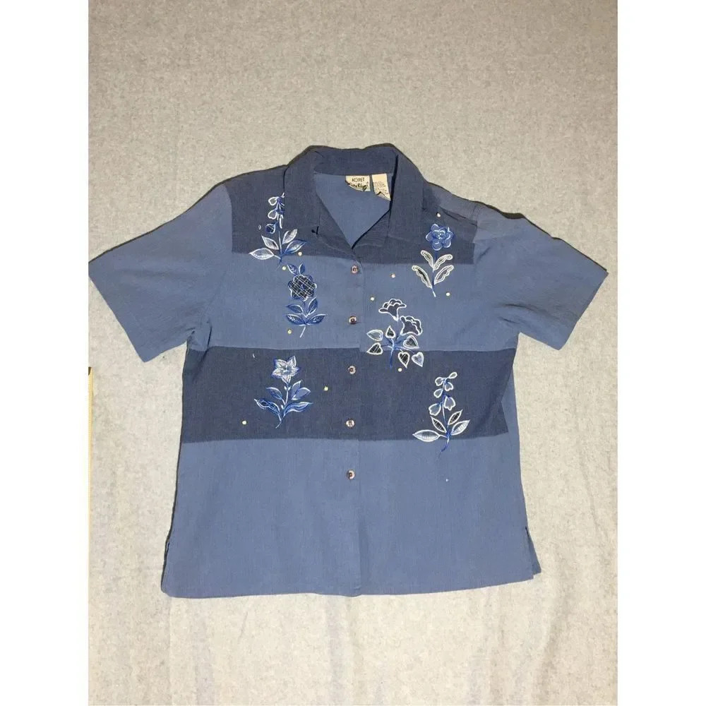Womens Koret City Blues Button Up Size Large Blue Embroidered Floral Cotton